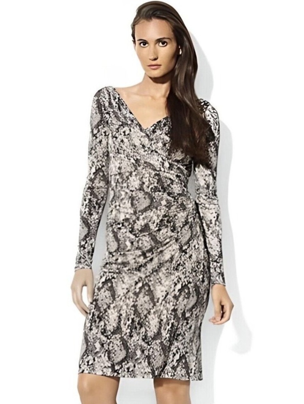 Lauren Ralph Lauren Snake Dress Mob Wife Feminine Ruched Wrap Sheath Size 6